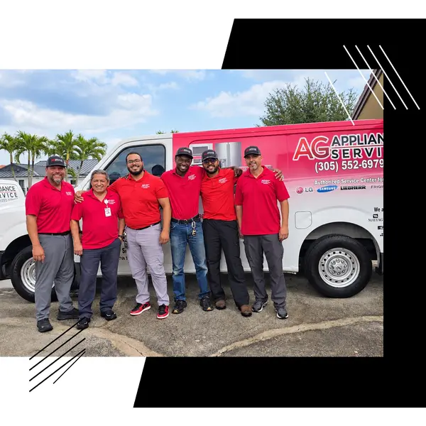 Six AG Appliance Service technicians beside service vehicles in Miami