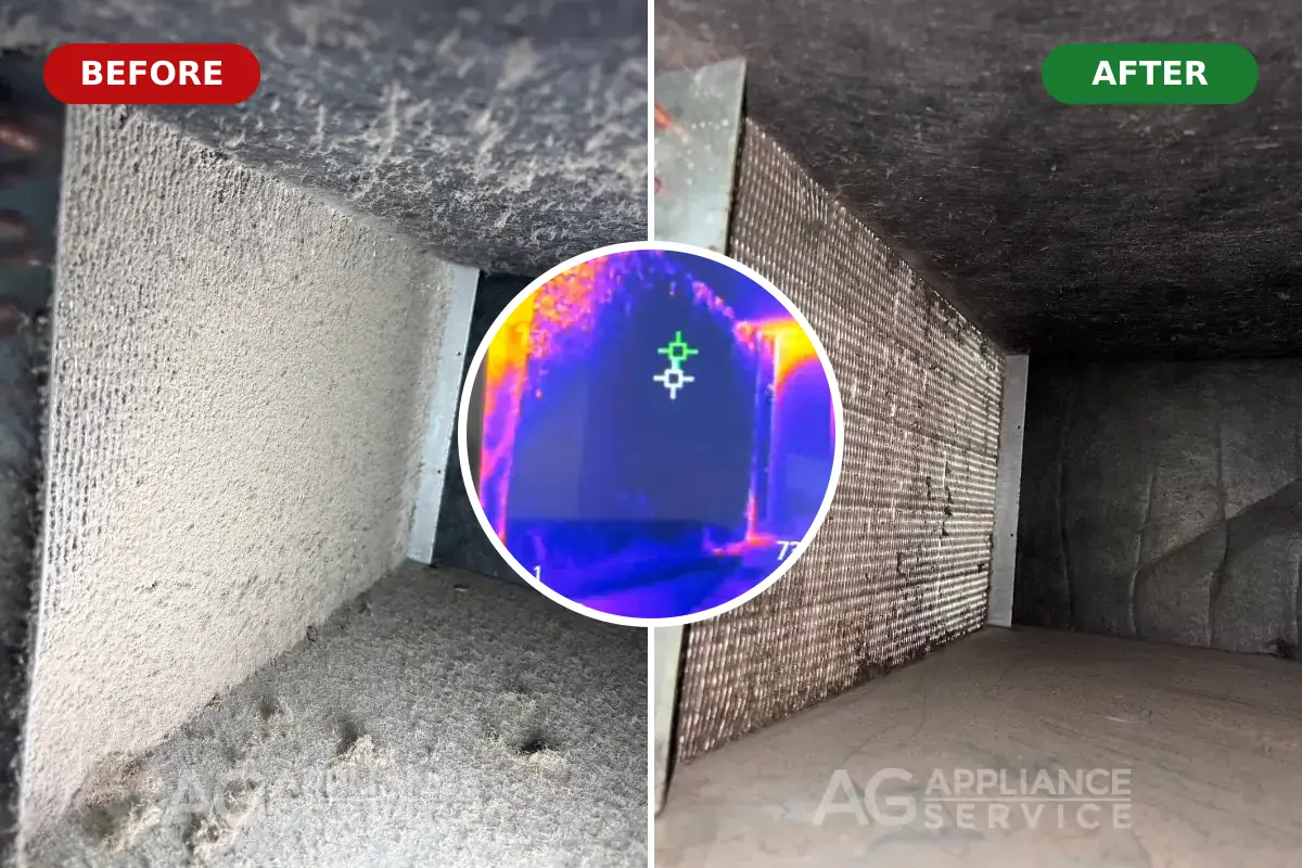 Before and after of Sub-Zero condenser coil cleaning with thermal camera inset