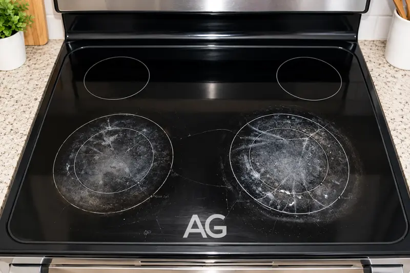 Damaged glass cooktop that needs routine cleaning after each cooking session