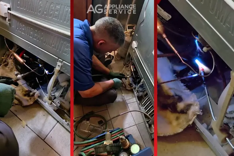 AG Appliance Service technician repairing an LG refrigerator sealed system, with close-ups of the refrigerant tubing