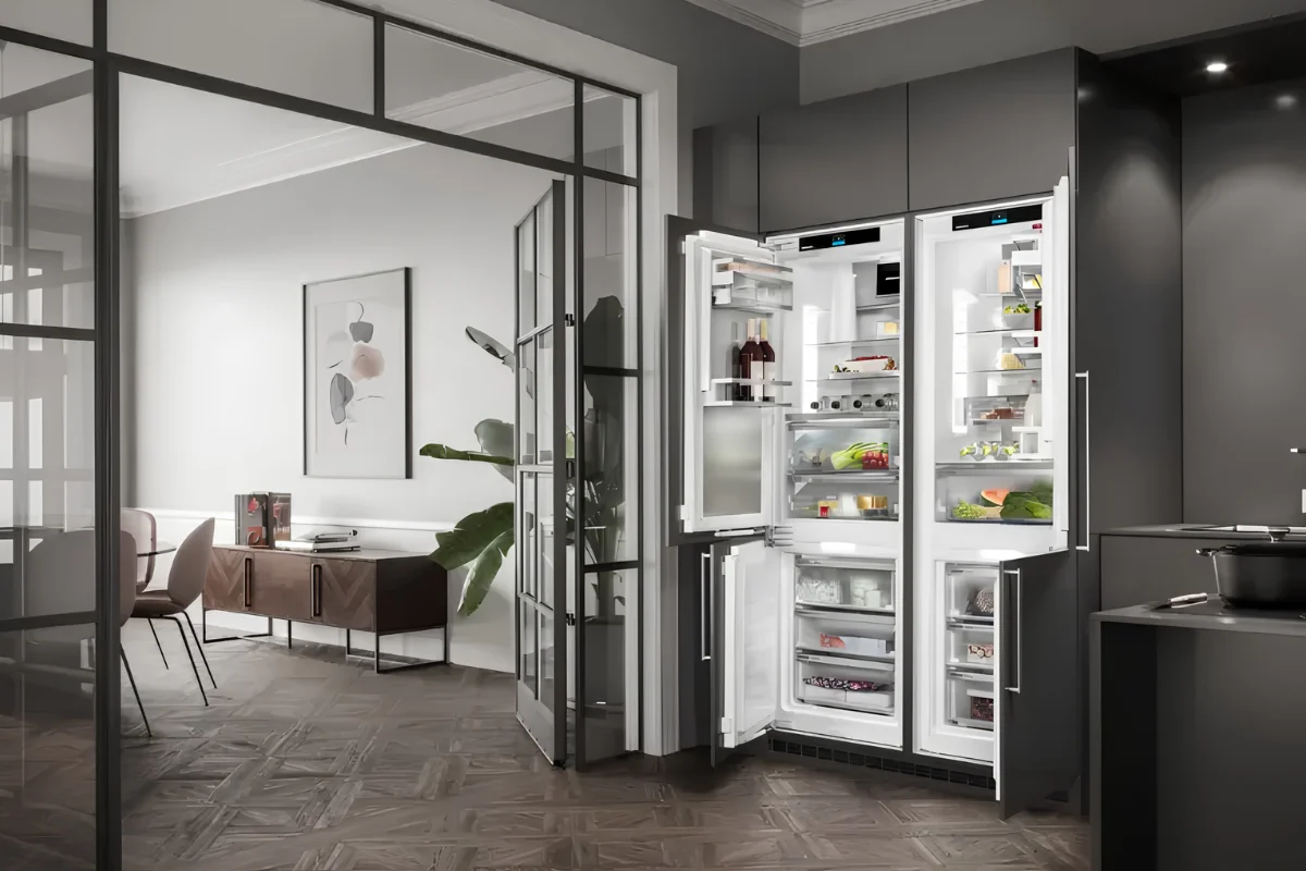 Liebherr built-in refrigerator open in a modern kitchen