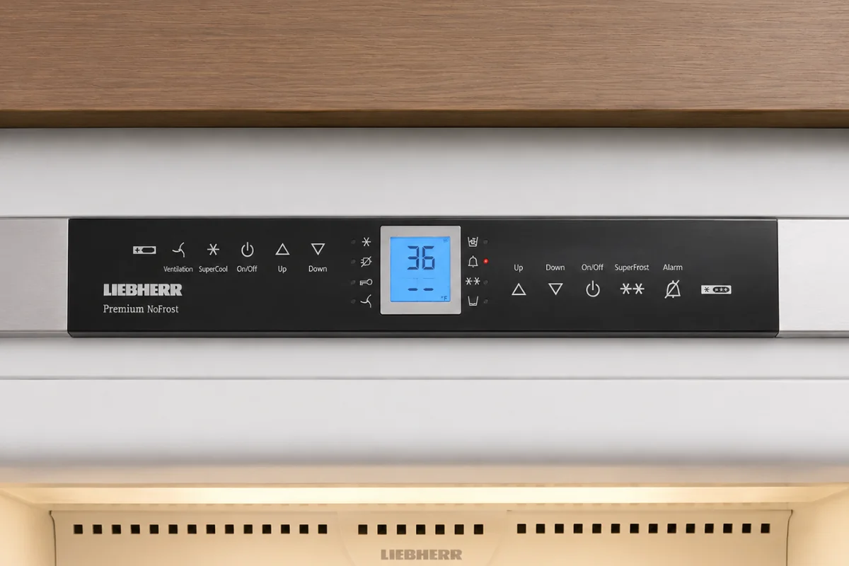 Liebherr Premium NoFrost control panel showing temperature at 36°F