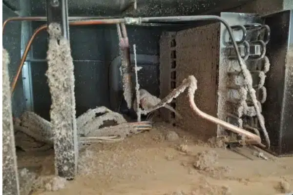 Dirty refrigerator condenser coils clogged with dust and lint